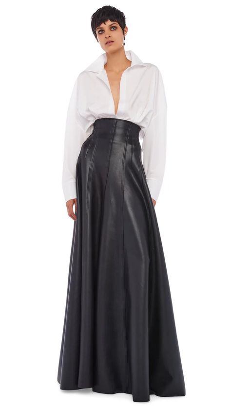 LONG GRACE SKIRT – Black – Norma Kamali Leather Skirt Long, Edgy Jeans, Leather Maxi Skirt, Long Leather Skirt, Hobble Skirt, Leather Skirt Outfit, Leather Outfits, Long Skirt Fashion, Floor Length Skirt