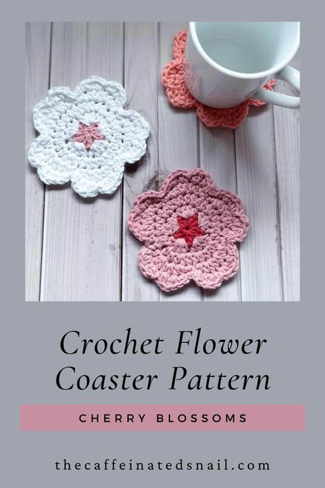 Spring is here and what better way to welcome it than to drink your tea with a cute Crochet Flower Coaster. These crochet Sakura or cherry blossom coasters look difficult to make, but are easy to do for intermediate crocheters! Crochet Flower Pot Holder, Crochet Flower Coaster Pattern, Flower Coaster Pattern, Flor Crochet, Crochet Flower Coaster, Flower Colouring In, Flower Coaster, Coaster Pattern, Cherry Blossom Festival