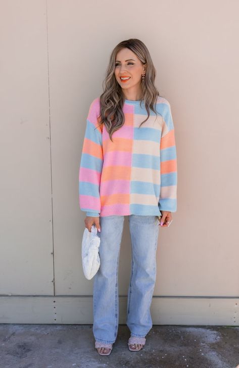 Fun Pastel Outfits, Color Blocking Sweater, Fun Casual Outfits For Women, Bubbly Outfits, Pop Of Color Outfits, Colorblock Outfits, Cute Colorful Outfits, Fun Sweaters, Colorful Fits