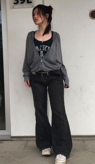 Dark Gray Zip Up Hoodie Outfit, Slightly Alt Outfits, Outfits With Gray Jacket, Alt Flare Jeans Outfit, Grey Grunge Outfit, Outfits With Gray Shirt, Alt Sweater Vest Outfits, Alt Basic Outfits, Dark Hoodie Outfit