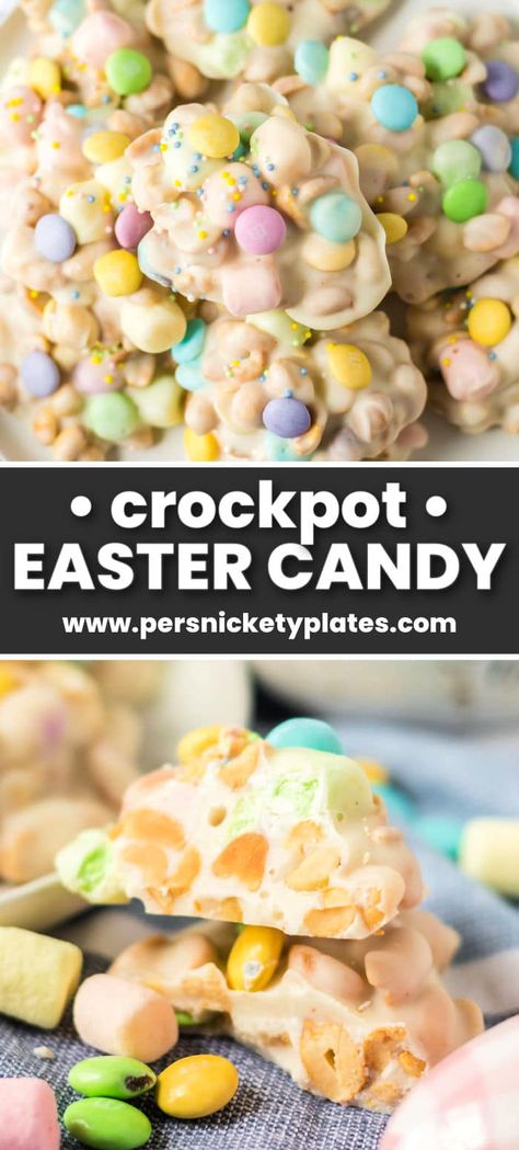 Easy Slow Cooker Easter Candy is classic white crockpot candy flecked with fruit-flavored mini marshmallows, pastel-colored M&Ms, and loaded with roasted peanuts. Topped with festive easter holiday sprinkles, these no-bake treats are always the first to disappear! Instapot Easter Recipes, Easter Crockpot Candy, Easter Crockpot, Candy Clusters, Crockpot Candy Recipes, Baking Easter, Dessert Easter, Easter Deserts, Recipes Easter