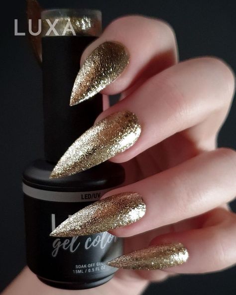 Brilliant gold glitter gel with INSANE coverage from LUXA Gold Sparkle Nails, Gold Gel Nails, Glitter Stilettos, Long Stiletto Nails, Long Stiletto, Glitter Gel Nails, Sparkle Nails, Glitter Gel, French Tip Nails