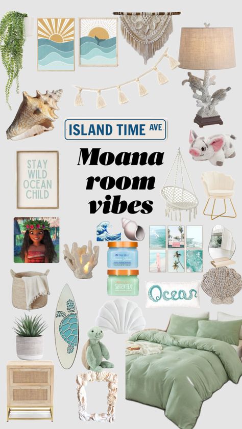 #moanabeachroomvibes Moana Room Decor, Moana Bedroom Ideas, Moana Room, Summer Bedrooms, Ocean Room Ideas, Surf Room Decor, Ocean Room Decor, Room Moodboard, Summer Room Decor