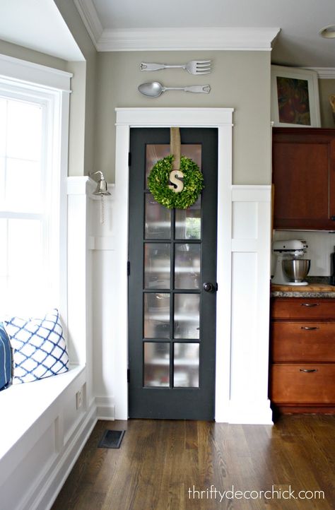 Back Deck Doors, Small Pantry Door Ideas Modern, Glass Door Pantry, Door Remodel, Kitchen Pantry Doors, Thrifty Decor Chick, Small Pantry, White Door, Privacy Film