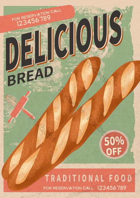 French Bread Illustration, Food Poster Aesthetic, Bread Graphic Design, Food Vintage Poster, Advertisement Poster Design, Vintage French Aesthetic, Retro Food Poster, French Graphic Design, Baking Wallpaper