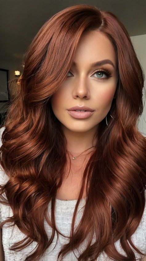 fall hair color dark copper All Over Hair Color Brunette Fall, Dark Copper Hair Blue Eyes, Women’s Winter Hair Color, Chocolate Covered Cherry Hair Color, Dark Copper Hair With Dark Roots, Winter Hair Color For Curly Hair, Rusty Copper Hair, Chestnut Copper Hair, Light Brown To Red Balayage