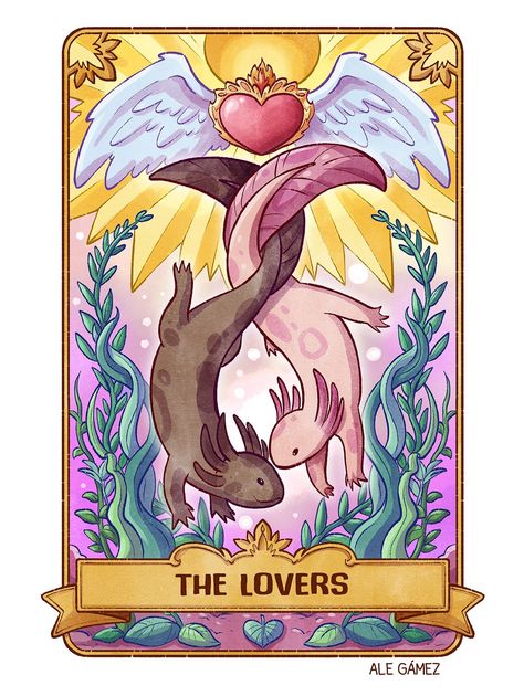 #AxolotlTarot #axolotl #tarot #tarotcards #illustration #lovers #love Notion 2024, Witchy Autumn, Tarot Cards Art Illustration, Animal Tarot, Tarot Tattoo, The Lovers Tarot Card, Retro Color Palette, The Lovers Tarot, Playing Cards Design