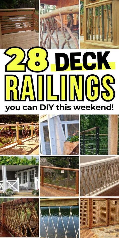 Create beautiful deck railings with these DIY projects. Easy and affordable. Porch Railing Diy, Unique Deck Railing Ideas, Diy Deck Railing, Front Porch Railing Ideas, Horizontal Deck Railing, Deck Railing Diy, Rustic Deck, Wood Deck Railing, Porch Railing Designs