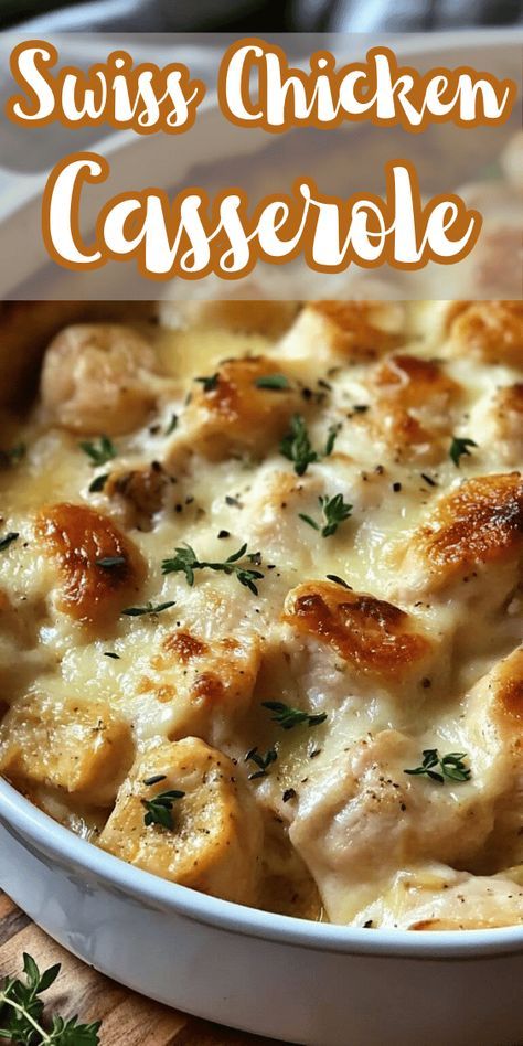 Swiss Chicken Casserole Chicken Swiss Cheese Casserole, Alpine Chicken Casserole, Chicken And Swiss Cheese Casserole, Chicken Casserole Cream Of Mushroom, Swiss Chicken Recipe, Chicken Swiss Casserole, Creamy Swiss Chicken Bake, Swiss Cheese Chicken Bake, Chicken Swiss Bake