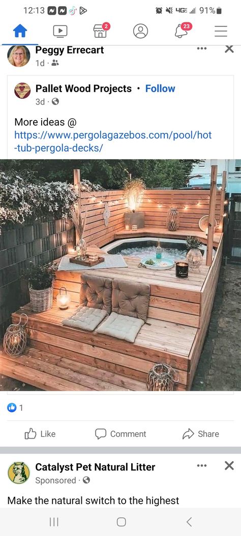 Underdeck Patio Ideas With Hot Tub, Deck Hangout Ideas, Hotub Ideas Deck, Wood Deck With Hot Tub, Hot Tub On Side Of House, Hot Tub Side Yard, Pallet Hot Tub Deck, Hot Tub Pallet Ideas, Wood Hot Tub Surround