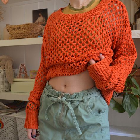 Crochet Orange Top, Orange Crochet Outfit, Crochet Jumper Outfit, Orange Crochet Ideas, Vet Costume, Jumper Outfits, Orange Jumper, Orange Jumpers, Orange Crochet