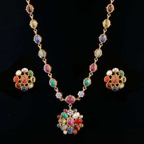 Navratna Jewellery Necklaces, Navratna Necklace Set, Navratna Jewellery Pendants, Gold Earrings With Price, Navaratna Pendants Gold, Navratna Pendant, Black Beads Mangalsutra, Antique Necklaces Design, Indian Jewelry Sets