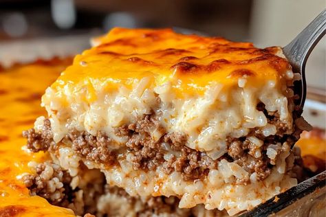 Creamy, cheesy ground beef and rice casserole that’s easy to make, family-friendly, and perfect for weeknight dinners or meal prep. Rice Lasagna Casserole, Cheesy Hamburger Rice Casserole, Beef Rice Casserole Recipes, Rice Hamburger Casserole, Cheesy Ground Beef And Rice Casserole, Ground Beef Rice Casserole, Ground Beef And Rice Casserole, Cheesy Ground Beef And Rice, Beef And Rice Casserole