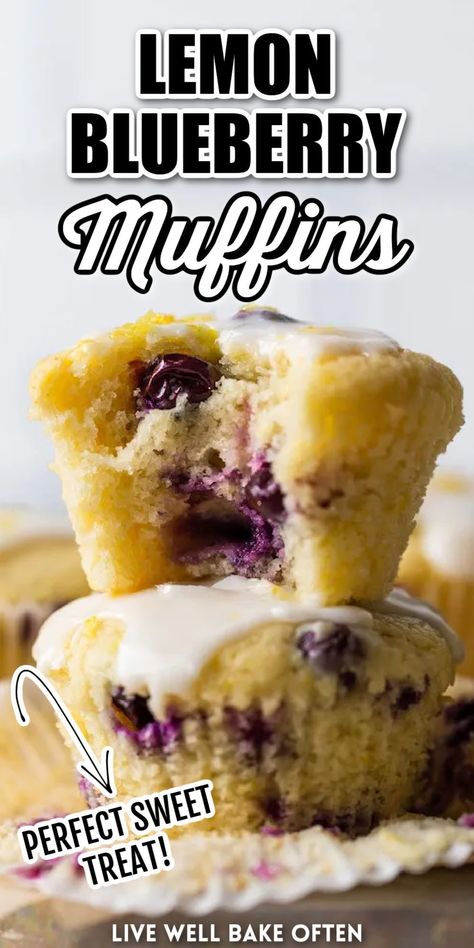 These lemon blueberry muffins from Live Well Bake Often are ultra moist thanks to the sour cream and oil in the batter. The lemon glaze on top adds an extra pop of citrus flavor! These are the perfect breakfast or brunch recipe! You will love these delicious lemon blueberry mufffins! They even make the perfect snack! Try these delicious lemon blueberry muffins today! Lemon Blueberry Muffins Recipe, Healthy Brunch Recipes, Citrus Recipes, Lemon Blueberry Muffins, Lemon Bread, Brunch Recipe, Lemon Muffins, Lemon Glaze, Blueberry Recipes