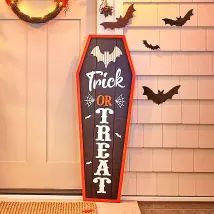 Cheap Halloween Decorations | The Lakeside Collection Trick Or Treat Sign, Unique Halloween Decorations, Cheap Halloween Decorations, Outdoor Halloween Decorations, Outdoor Entryway, Halloween Porch Decorations, Porch Wall, Halloween Sign, Lakeside Collection