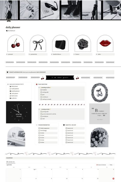 Notion Template Ideas, Notion Dashboard Ideas, Dark Femme Aesthetic Theme, That Girl Notion Notion Dashboard Ideas, Notion Template Ideas, Study Planner Free, Notion Inspo, Notion Ideas, Etsy Planner, Notion Dashboard, Aesthetic Notion, Romanticizing School