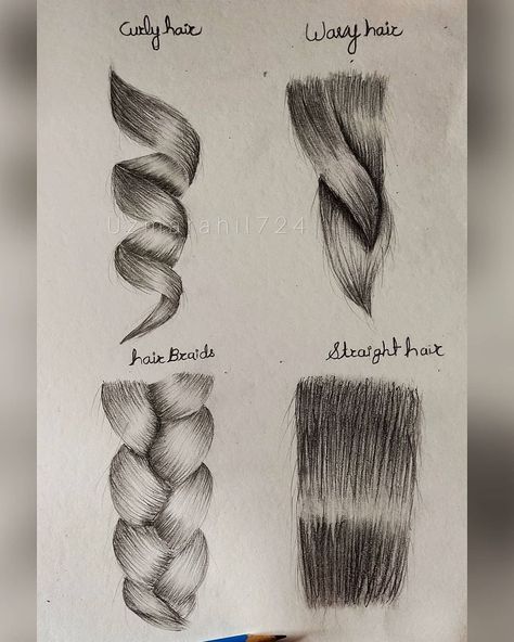 Hair Type Drawing, How To Draw Different Types Of Hair, How To Draw Curled Hair, Types Of Hair Drawing, Hair Study Reference, Hair Textures Drawing, Hair Drawing Shading, Curled Hair Drawing, Medium Hair Drawing