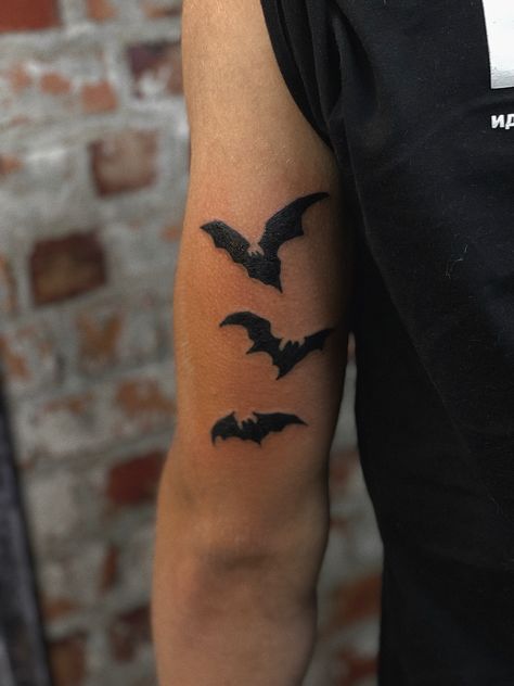 Bat Patchwork Tattoo, Patchwork Tattoo Designs Men, Bat Tattoo Ideas Men, Crows Tattoo Arm, 3 Bats Tattoo, Bats Tattoo Arm, Bat Tattoos Men, Above Elbow Tattoo Men, Bat Tattoo Men