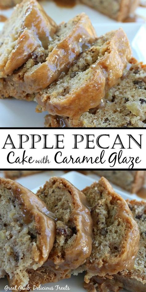 Apple Pecan Cake with Caramel Glaze is a scrumptious cake recipe loaded with apples and pecans, topped with a caramel glaze. #applecakerecipes #greatgrubdelicioustreats Caramel Apple Pound Cake Recipe, Apple Pecan Cake With Caramel Glaze Recipe, Apple Pecan Pound Cake, Glazed Loaf Cake, Apple Pecan Caramel Cake, Apple Bread With Caramel Glaze, Apple Pecan Bundt Cake Recipes, Recipes With Cooking Apples, Apple Cake Desserts