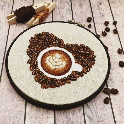 Coffee Embroidery, Lovers Hands, Thread Needle, Printed Linen Fabric, Art Coffee, Wooden Hoop, Modern Embroidery, Embroidery Kit, Latte Art