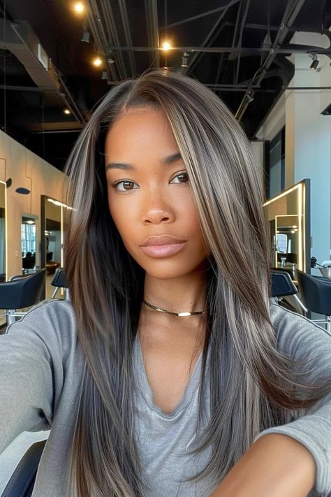 Ash Brown Hair Balayage, Brown Hair With Silver Highlights, Hiding In The Shadows, Gray Blending, Natural Dark Hair, Ideas For Dark Hair, Ashy Hair, Natural Brown Hair, Highlights For Dark Brown Hair