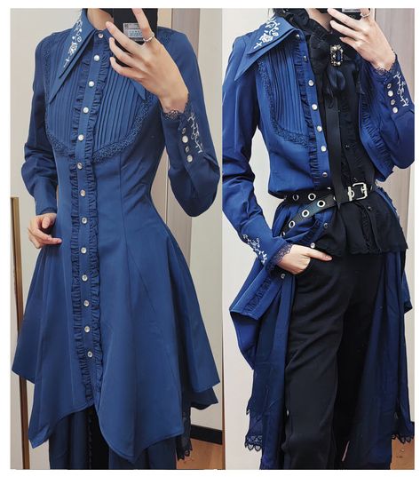 Blue Gothic Outfit, Fancy Blue Outfit, Blue Pirate Outfit, Blue Alt Outfits, Cathedral Outfit, Blue Black Outfit, Blue Steampunk, Corp Goth, Blue Outfits