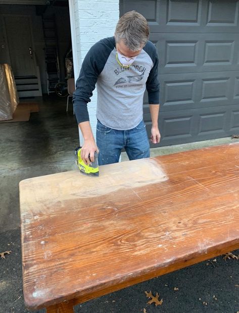 Sand Kitchen, Refinished Table, Dining Table Chandelier, Dining Table Makeover, Diy Kitchen Table, Kitchen Table Makeover, Sanding Wood, Refinishing Furniture Diy, Stained Table