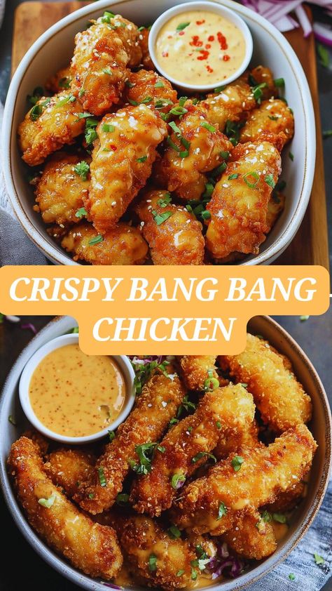 Make this Crispy Bang Bang Chicken at home for a delicious, restaurant-quality dish! Juicy, fried chicken bites tossed in a sweet and spicy Bang Bang sauce—perfect for dinner, parties, or an appetizer. Quick, easy, and packed with flavor. Save this recipe for a crowd-pleasing favorite! Fried Chicken Bites, Creative Dinner Ideas, Juicy Fried Chicken, Bang Bang Sauce, Bang Bang Chicken, Food World, Chicken Bites, Quick Weeknight Meals, Food For A Crowd