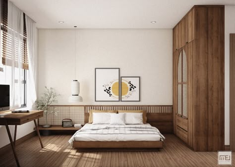 Japandi Interiors Bedroom Apartment, Muji Interior Design Bedroom, Muji Style Interior Bedrooms, Japandi Bedroom Lamp, Japandi Master Room, Japandi Interior Bedroom, Bedroom Design Japanese, Modern Japandi Interior, Japandi Curtains