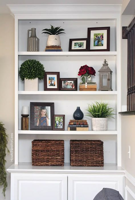 family room built in shelving like the proportions lantern and pictures Butter Churning, Bookshelf Style, Decorate Shelves, Built In Shelving, Shelf Decorating, Alcove Cupboards, Shelves Decor, Room Bookshelf, Shelf Decor Living Room