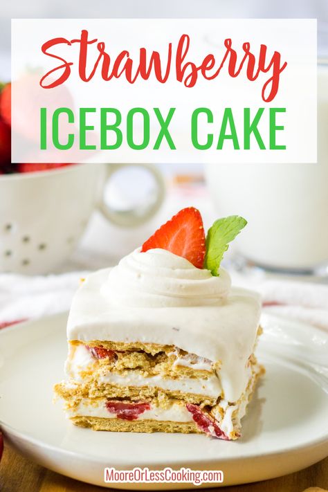 With just a handful of ingredients, you can quickly whip up this Strawberry Icebox Cake for your next summer event. Sandwiched between layers of graham crackers is a sweetened cream cheese filling whipped to fluffiness and flavored with strawberries. Build the layers for a stacked no-bake dessert perfect for summer potlucks and BBQs. via @Mooreorlesscook Strawberry Icebox Cake, Decadent Chocolate Desserts, Bake Dessert, Icebox Cake, Cake Mix Recipes, Breakfast Cake, Cream Cheese Filling, Strawberry Recipes, Homemade Cakes