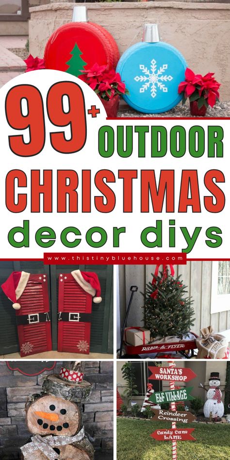 Here are over 100 of the best DIY outdoor Christmas decor ideas. These fun and creative decor ideas are the perfect way to add some Holiday spirit to the outside of your home. Diy Backyard Christmas Decor Ideas, Outside Christmas Theme Ideas, Christmas Ideas For Outside, Diy Outdoor Christmas Present Decor, Cute Christmas Signs Diy, D.i.y Christmas Decorations, Christmas Outside Decorations Diy, Inexpensive Outdoor Christmas Decor, Front Door Christmas Decor Diy