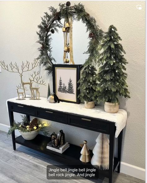 January Entry Table Decor, Christmas Decor For End Table, Accent Pieces For Living Room, Neutral Christmas Entryway Table Decor, Diy Christmas Tabletop Decor, Black Entry Table Christmas Decor, Christmas Bathroom Decor Modern, Christmas Entry Way Decor Ideas, Kitchen Vignettes Decorating Ideas