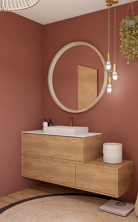 Optez pour la couleur terracotta pour apporter chaleur et style à votre décoration de salle de bains. #rhinov #salledebain #terracotta #vasque Pink And Terracotta Bathroom, Terracota Bathroom Ideas, Palette Couleur Terracotta, Terracotta Bathroom Walls, Bathroom Terracotta, Decoration Terracotta, Deco Terracotta, Terracotta Bathroom, Wall Color Combination