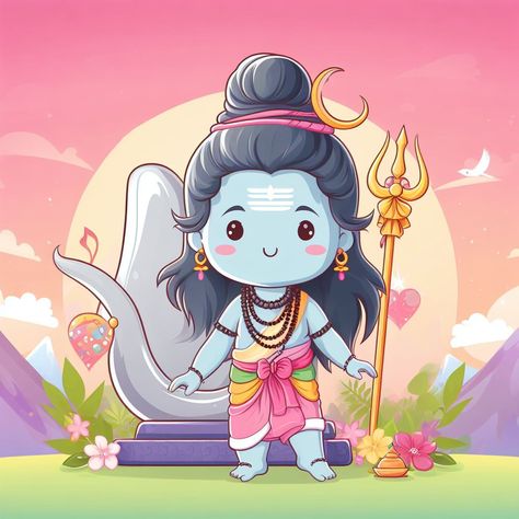 Shivji Cartoon Images, Cute Shiva Images, Cute Ganesha Drawing, Shiv Parivar, God Illustration, Saraswati Painting, Drawing Pictures For Kids, Ganesha Drawing, Boho Art Drawings