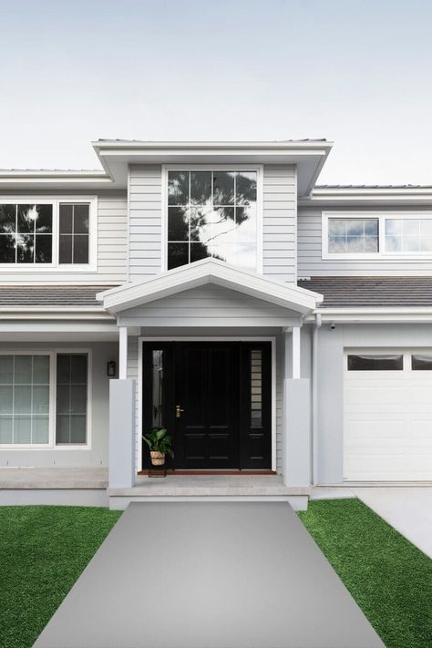 Kaleen Residence - Black front door Front Door Rendered House, Black Front Door With White Windows, Hamptons Entry Door, Black Front Door White Windows, Hampton Style Front Door, Black Door White Windows, Modern Hamptons Exterior, Modern Hamptons Style Exterior, Hampton Fence