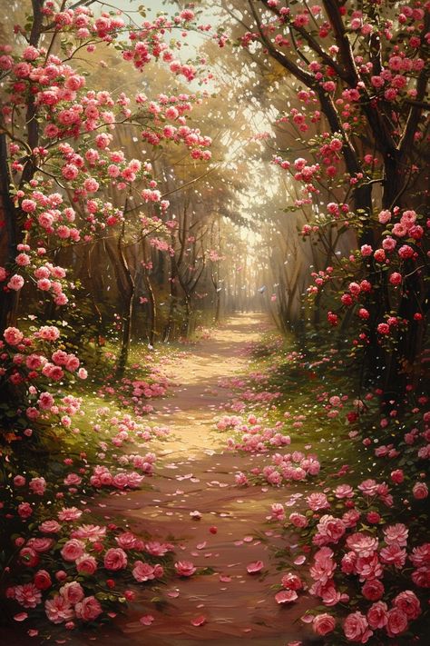 Flower Castle Aesthetic, Garden Gate Illustration, Pathway Aesthetic, Pink And Green Landscape, Flower Garden Background, Pathway Painting, Rose Garden Painting, Flower Landscape Painting, Flower Path