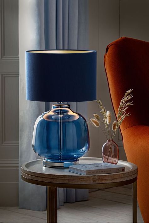 Table Lamp Decor Ideas, Blown Glass Table Lamp, Blue Table Lamps For Bedroom, Navy Blue And Orange Living Room Decorating Ideas, Next Home Living Room, Navy Blue And Orange Living Room, Blue Decor Living Room, Royal Blue Living Room Decor, Blue Decor Ideas