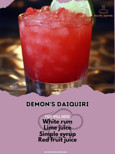 😈 "Demon's Daiquiri—a wickedly delightful cocktail to spice up your Halloween. Dare to try? 👹🍹 #DemonsDaiquiri #HalloweenSips" Demon's Daiquiri Ingredients: White rum (2 oz) Lime juice (1 oz) Simple syrup (1 oz) Red fruit juice (2 oz) Ice cubes (as needed) Instructions: Shake white rum, lime juice, simple syrup, and red fruit juice with ice. Strain into a glass filled with ice. 😈 "Embrace the spooky spirit with Demon's Daiquiri—a devilishly good cocktail that’s perfect for Halloween. Chee... Red Cocktail Drinks, Spooky Alcoholic Drinks, Simple Cocktail Recipes, Low Sugar Drinks, Simple Syrup Cocktails, Bartender Drinks, Alcholic Drinks, Cocktail Drinks Alcoholic, Cocktail Syrups