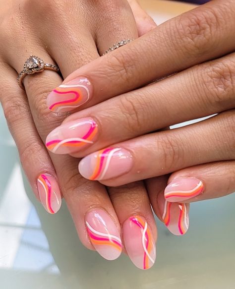 Orange Swirly Nails, Sunset Swirl Nails, Pink And Orange Holiday Nails, Summer Pink And Orange Nails, Light Pink And Orange Nails, Swirly Acrylic Nails, Orange And Pink Nail Designs, Pink And Orange Nail Designs, Swirly Nail Designs