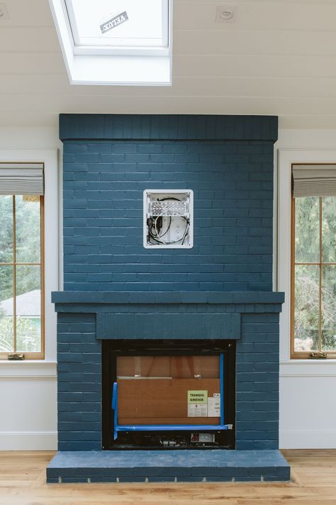 Slate Blue Fireplace, Blue Painted Fireplace Brick, Painted Fireplace Accent Wall, Blue Painted Fireplace, Blue Brick Fireplace, Teal Fireplace, Dark Blue Fireplace, Colorful Fireplace, Blue Fireplace