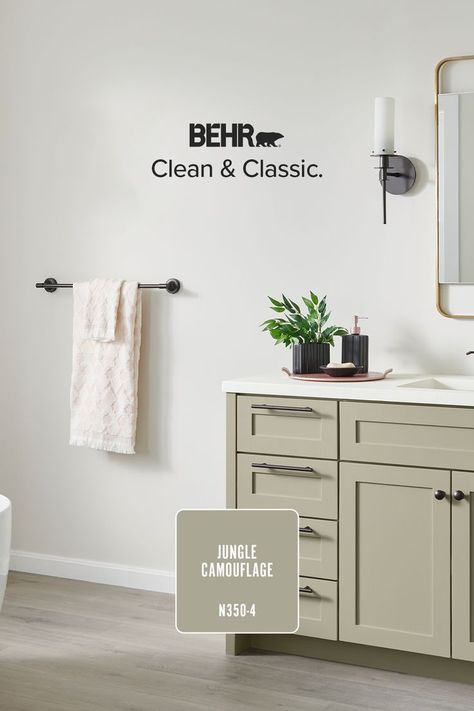 Revamp your bathroom to a spa-like experience with BEHR’s Jungle Camouflage, a subtle and relaxed green. Jungle Camouflage Behr Paint, Jungle Camouflage, Color Of The Month, Neutral Bathroom, Behr Paint, Bathroom Refresh, Paint Color, Camouflage, Oasis