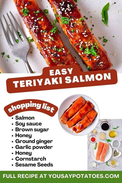 Piece of cooked salmon, list of ingredients and text: Easy Teriyaki Salmon. Salmon Air Fryer, Rice Salmon, Teriyaki Rice, Salmon Teriyaki, Salmon Soy Sauce, Marinated Salmon, Teriyaki Salmon, Homemade Teriyaki Sauce, Teriyaki Sauce