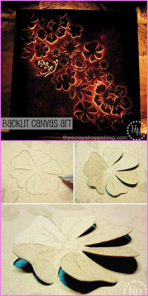 DIY Backlit Flower Canvas Art Tutorial Diy Lighted Canvas, Light Up Poster Diy, Cut Canvas Art, Diy Night Light Ideas, Cut Out Canvas, Light Up Art, 3d Canvas Art, Light Up Canvas, Lighted Canvas Art