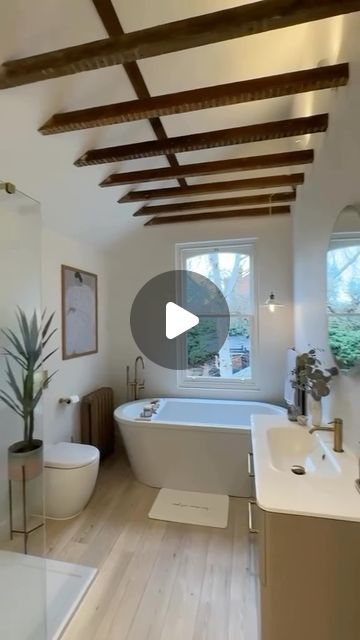 Jane Rockett on Instagram: "From a dark bathroom to bright and airy space 😍 Vaulting the ceiling was 100% the right decision here. 👏 Gorgeous bathroom transformation of @shopgaterr 🛁 Amazing! What do you think?
.
.
.
#ceilingvault #vaulting #ceilingdesign #homeextension #extensions #homeextensionsuk #bathroomtransformation #homebeforeandafter #bathroombeforeandafter #darkbathroom #modernbathroom #lightbathroom #bathroomsofinstagram #bathroomdesign #rockettstgeorge #iloverockettstgeorge #makeeverythingbeautiful #surroundyourselfwiththethingsyoulove #homeinspiration #myhomevibe #homedesign" Bathroom With Open Ceiling, Exposed Beams Bathroom, Vaulted Ceiling In Bathroom, Vaulted Bathroom Ceiling, Bathroom Vaulted Ceiling, High Ceiling Bathroom, Dark Bathroom, Dark Bathrooms, Open Ceiling