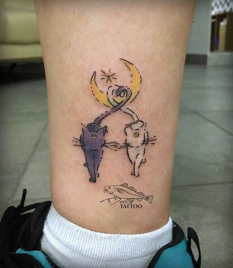 Sailor Moon And Luna Tattoo, Luna Artemis Tattoo, Salior Moon Tattoos, Luna And Artemis Tattoo, Luna Sailor Moon Tattoo, Sailor Moon Luna Tattoo, Small Sailor Moon Tattoo, Cat Tats, Aesthetic Feelings