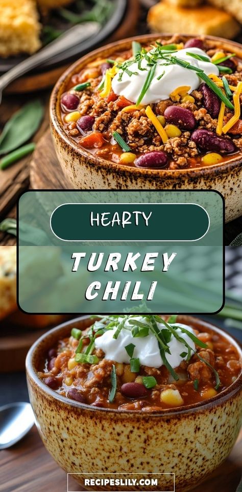 I absolutely love this hearty turkey chili recipe! It's packed with flavor and perfect for cozy evenings. Made with ground turkey, kidney beans, and topped with fresh herbs, it’s both healthy and satisfying. Can't wait for you to try it! Healthy Turkey Chili, Chili Healthy, Turkey Chilli, Turkey Chili Healthy, Turkey Chili Recipe, Black Bean Chicken, Chili Recipe Turkey, Traditional Chili, Beef Chili