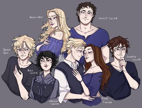 RoItsSomething on Instagram: “The Cullens ✨  #thecullens #fanart #digitalart #illustration #twilight #twilightsaga #edwardcullen #esmecullen #rosaliehale #emmetcullen…” Twilight Illustration, Twilight Fanart, Twilight Characters, Twilight Art, Twilight Jokes, Twilight Saga Books, Vampire Twilight, Saga Art, Rosalie Hale