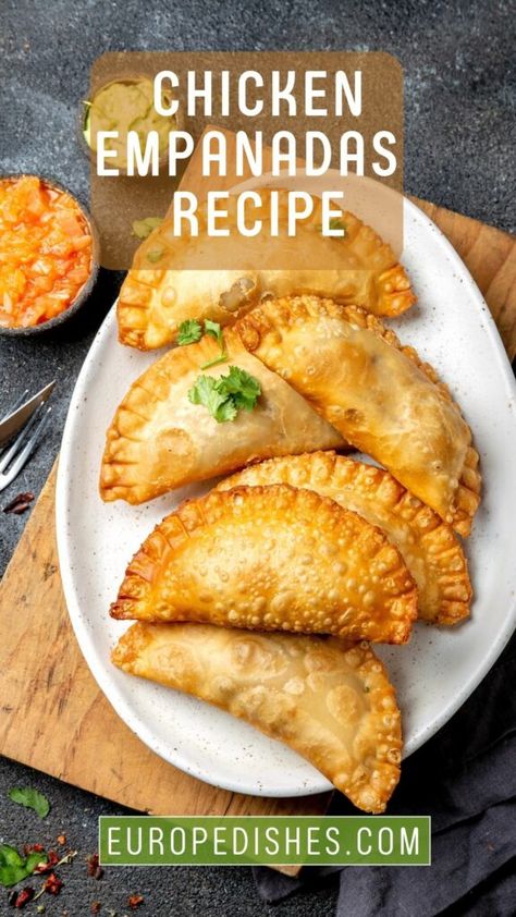 BEST Chicken Empanadas Recipe | Latin American Recipes Cuban Chicken Empanadas, Easy Chicken Empanadas Recipes, Empanadas Recipe Authentic, Chicken Filling For Empanadas, Best Chicken Empanadas Recipe, Chicken Cheese Empanadas, Authentic Chicken Empanadas Recipe, Empanadas Recipe Dominican, Venezuelan Empanadas Recipe