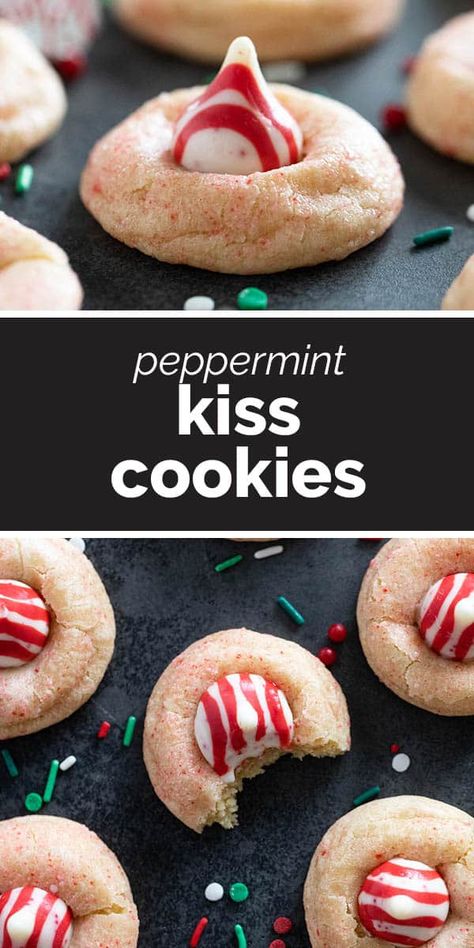 Filled with peppermint flavor and topped with a kiss, these Peppermint Kiss Cookies are perfect for any holiday treat platter. They are soft and sweet with a pretty pink shimmer. Peppermint Kiss Blossom Cookies, Peppermint Kisses Cookies, Peppermint Kiss Cookies Recipe, Treat Platter, Peppermint Kiss Cookies, Kiss Cookie Recipe, Soft Sugar Cookie Recipe, Xmas Baking, Cookie Exchange Recipes